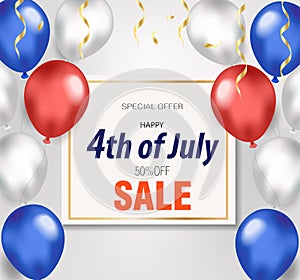 Happy 4th july realistic poster with balloons. Discount sale special offer. American Independence Day template for your