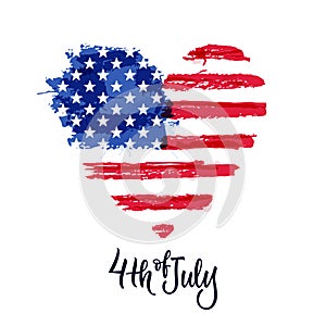 Happy 4th of July, USA Independence Day. Hand drawn calligraphy lettering, american watercolor flag. Vector illustration