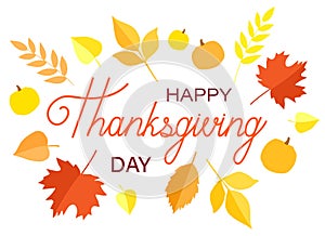 Happy Thankgiving day phrase with autumn leaves isolated on a white background