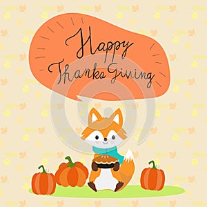 Happy Thanks giving with little fox hand lettering fonts vector.