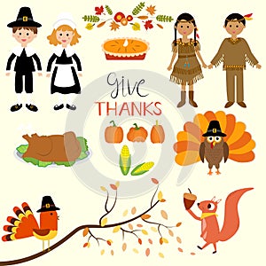 Happy Thanks giving with pilgrim and red indian costume childre