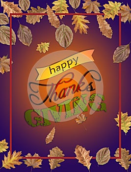 Happy Thanks Giving with several leaves and bordo frame