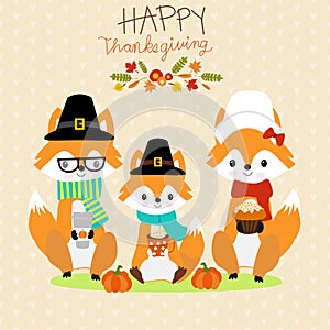 Happy Thanks giving vector fox family pilgrims hand lerttering