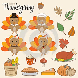 Happy Thanks giving vector little cute turkey pilgrims and red i photo