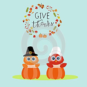 Happy Thanks giving vector owls pilgrims in the pumpkins hand le
