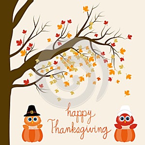 Happy Thanks giving vector owls pilgrims in the pumpkins hand le