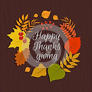 Happy thanksgiving. Autumn leaves november nature background. September decorations sticker banner, vintage vector