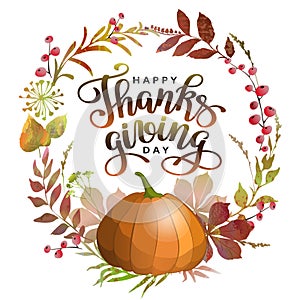 Happy Thanksgiving autumn wreath with pumpkin and lettering. Banner design template for postcard, icon, logo or poster.