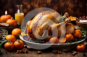 Happy thanksgiving background, roasted turkey seasonal banner with copy space text