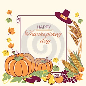 Happy Thanksgiving background with seasonal decoration and text
