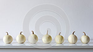 Happy Thanksgiving Background. Selection of little white pumpkins on white shelf against white wall. Modern room decoration.