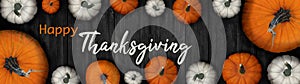 Happy Thanksgiving banner background panorama - Autumn Holiday Harvest still life, Set of various pumpkins on dark black wooden
