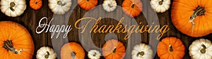 Happy Thanksgiving banner background panorama - Autumn Holiday Harvest still life, Set of various pumpkins on dark brown wooden
