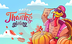 Happy thanksgiving banner with cool turkey and pumpkins