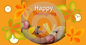 Happy Thanksgiving banner. Festive background with pumpkins and vegetables