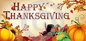 Happy Thanksgiving banner leaves and pumpkins