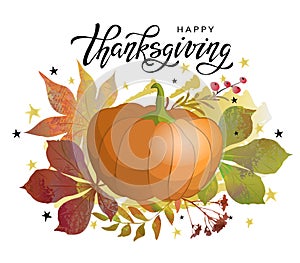 Happy Thanksgiving banner with pumpkin, autumn leaves and lettering inscription. Banner design template for market