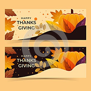happy thanksgiving banner with pumpkin and leaves