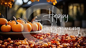 Happy Thanksgiving Banner. Selection Autumn seasonal decorations and pumpkins on a background with Autumn vegetables