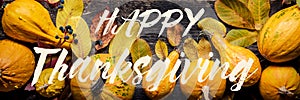 Happy Thanksgiving Banner. Selection of various pumpkins on dark wooden background. Autumn vegetables and seasonal decorations.