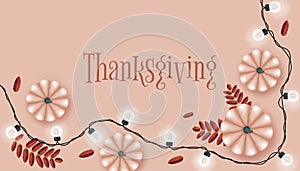 Happy Thanksgiving banner with top view 3D pumpkins and garland. Vector illustration in realistic style