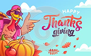 Happy thanksgiving banner with trendy turkey and pumpkins