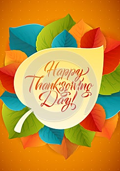 Happy Thanksgiving Calligraphy Greeting Card template on wood background. Vector happy thanksgiving card with autumn