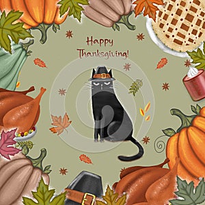 Happy Thanksgiving card in cartoon style with cat for Happy celebration