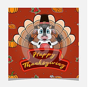 Happy Thanksgiving Card With Cute Cow Character Design. Greeting Card, Poster, Flyer and Invitation.