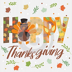 Happy thanksgiving card design with turkey and lettering