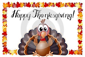 Happy Thanksgiving card - funny cartoon turkey, fall leaves