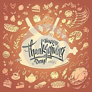 Happy Thanksgiving card with hand drawn food icons