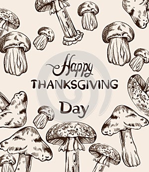 Happy Thanksgiving card line art Vector. Mushrooms and veggies detailed illustrations