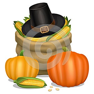 Happy Thanksgiving card. Piligrim hat with orange pumpkins