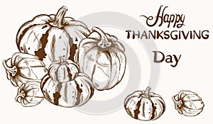 Happy Thanksgiving card pumpkin line art Vector. Basket of autumn harvests