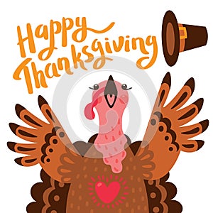 Happy Thanksgiving card with turkey. Cartoon Character Turkey