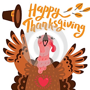 Happy Thanksgiving card with turkey. Cartoon Character Turkey