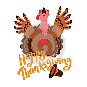 Happy Thanksgiving card with turkey. Cartoon Character Turkey