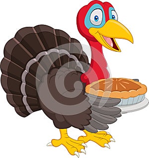 Happy thanksgiving card with turkey holding pie
