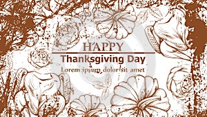 Happy thanksgiving card with turkey and pumpkins Vector. Line art grunge background detailed illustrations