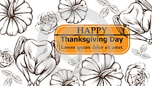 Happy thanksgiving card with turkey and pumpkins Vector. Line art grunge background detailed illustrations