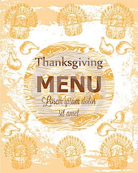 Happy thanksgiving card with turkey and pumpkins Vector. Line art grunge background detailed illustrations