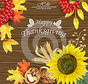 Happy thanksgiving card Vector. Fall leaves over wooden background. 3d detailed symbols illustrations