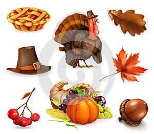 Happy Thanksgiving cartoon character and objects. Vector icon set