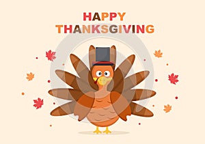 Happy Thanksgiving Celebration with Cartoon Turkey, Leaves, Chicken, Pumpkin and Other For Decoration or Background Vector