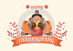 Happy Thanksgiving Celebration with Cartoon Turkey, Leaves, Chicken, Pumpkin and Other For Decoration or Background Vector