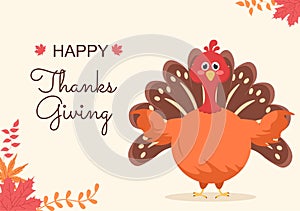 Happy Thanksgiving Celebration with Cartoon Turkey, Leaves, Chicken, Pumpkin and Other For Decoration or Background Vector