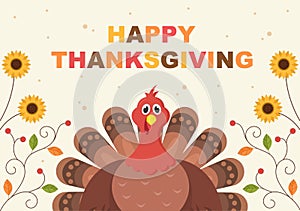 Happy Thanksgiving Celebration with Cartoon Turkey, Leaves, Chicken, Pumpkin and Other For Decoration or Background Vector