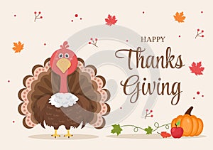 Happy Thanksgiving Celebration with Cartoon Turkey, Leaves, Chicken, Pumpkin and Other For Decoration or Background Vector