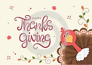 Happy Thanksgiving Celebration with Cartoon Turkey, Leaves, Chicken, Pumpkin and Other For Decoration or Background Vector